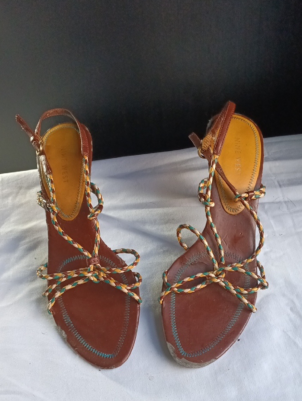 Nine West Brown Leather Braided Strap Sandals Multicolor Cord Size 8